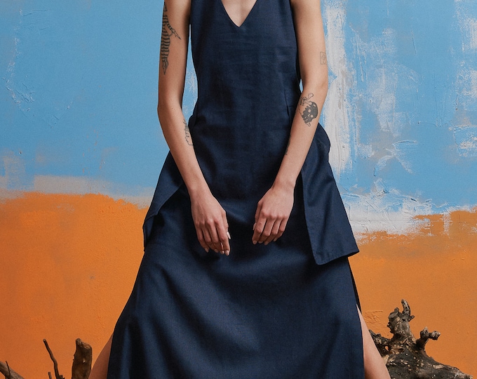Sleeveless Linen Dress with Large Pockets, Plus Size Linen Summer Dress