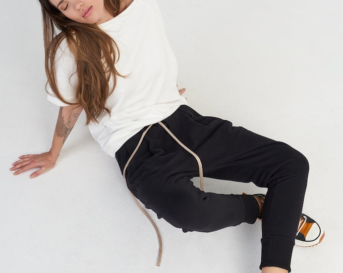 COTTON HAREM PANTS with strings and elastic waistline , loose pants with pockets , handmade by Aakasha A05454