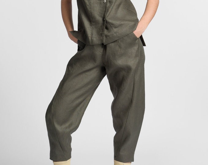 Summer Linen Crop Pants , Curved Leg Linen Pants , Plus Size Linen Pants A92115