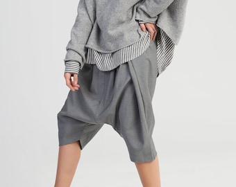 Grey Wool Harem Pants, Drop Crotch 3/4 Length Extra long Belt
