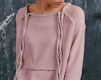 Asymmetric Cotton Sweatshirt: Thumb Holes, Zipper Detail, Kangaroo Pocket
