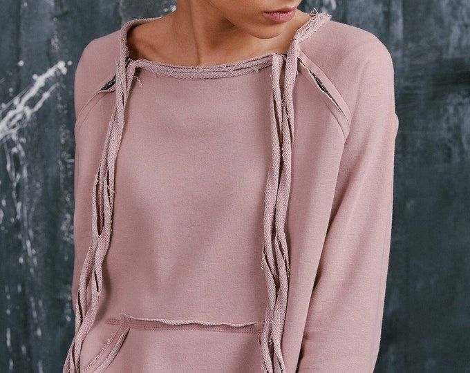 NEW Spring Ash Rose Extravagant  Asymmetric Cotton Sweatshirt /Thumb holes sexy zipper on shoulders / Front Pocket  by AAKASHA A08310