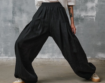 Linen Wide Leg Plus Size Pants, Elastic Waistline Side Pockets