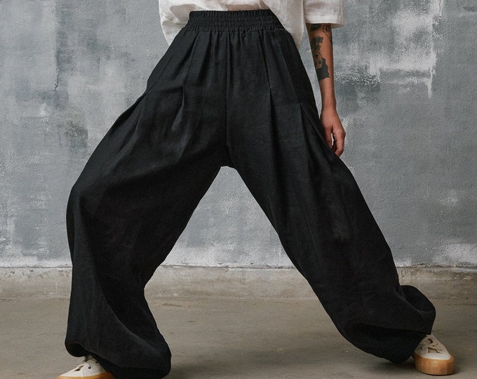 Linen Wide Leg Plus Size Pants ,  Linen Tuck Pants,  Harm Linen Pants with pockets and elastic waistband