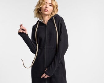 Long Hooded Zipper Sweatshirt, Maxi hooded Top , Aakasha Hoodie A08336