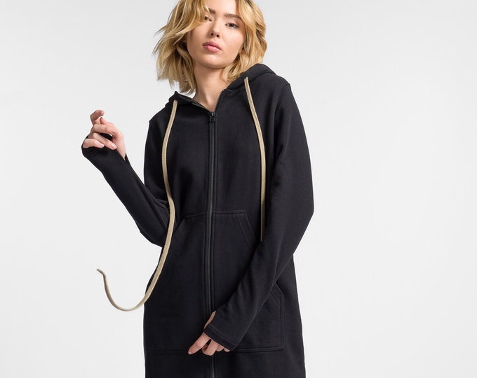 Long Hooded Zipper Sweatshirt, Maxi hooded Top , Aakasha Hoodie A08336