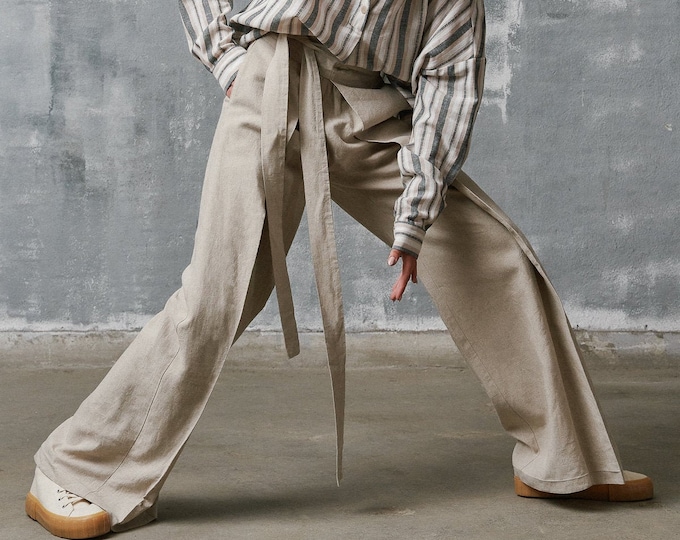 Loose Linen Pants / Wide Leg Pants /Extravagant Trousers Side Pockets / Belt and wide elastic waistline /HandMade by Aakasha