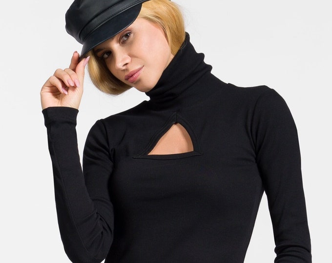 Sexy turtleneck Top ,Long Sleeved  Triangle  CUT-OUT TOP , Black Long Sleeved top , Fitted black blouse handmade by Aakasha A92048