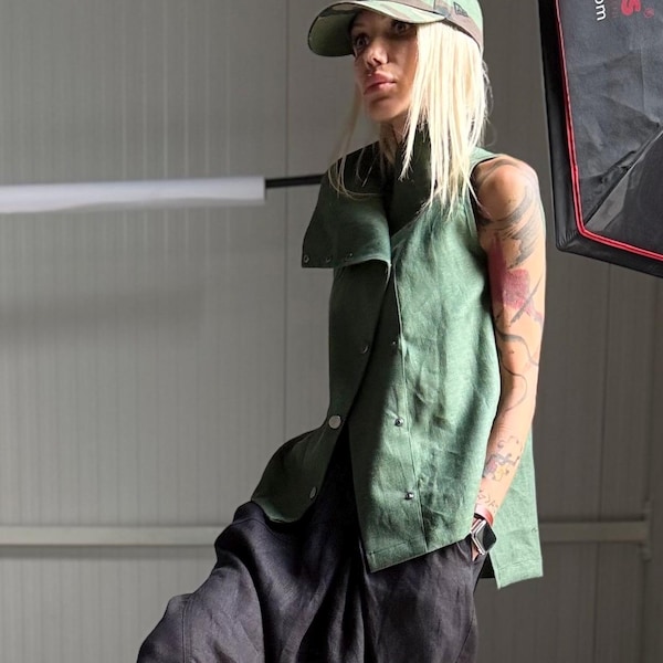 Linen Summer Sleeveless  Buttoned Top ,Plus Size Vest ,High Neck Linen Cardigan  A90465