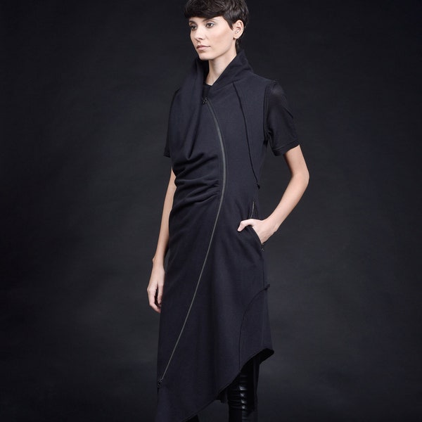 Extra Long Sleeveless Asymmetric Vest / Double Sided Zipper Vest ? Maxi Zipper Dress / HandMade by Aakasha A90416