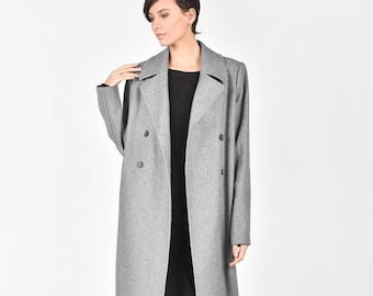Maxi Grey Wool Coat / Lined Coat  Belt and side pockets / Double Breasted Wool Blend Coat/ HandMade by AAKASHA  A07713
