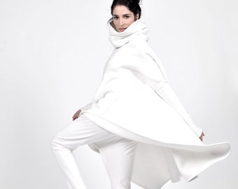 Asymmetrical Fleece Cotton Hoodie: Extra High Collar, Thumb Holes Side Pockets
