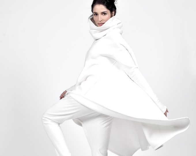 New Off White  Extravarant Asymmetrical Top / Fleece Cotton Warm  Top extra high collar pullover with thumb holes Handmade by Aakasha A08590