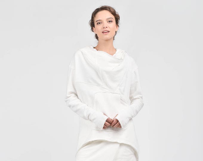 NEW Fall Off White Extravagant Asymmetric Cotton Hooded Sweatshirt /Thumb holes Sexy zipper front / Large Front Pocket  by AAKASHA A08533