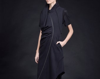 Asymmetric Cotton Vest Dress, Sleeveless Maxi Tunic with Zipper