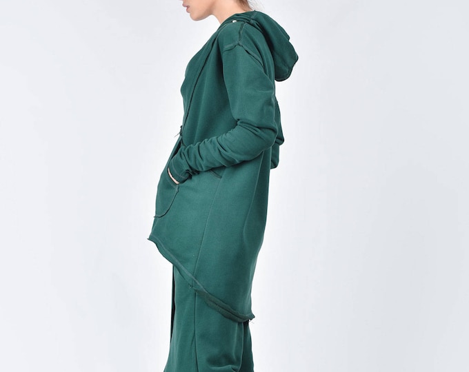 NEW  Dark Green  Extravagant  Asymmetric Cotton Sweatshirt /Thumb holes sexy zipper on shoulders / Front Pocket  by AAKASHA A08533
