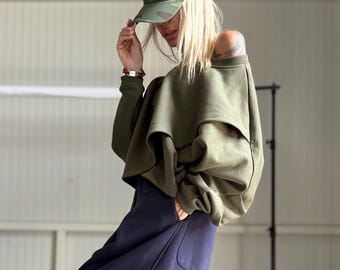 Cotton Crop Top, Asymmetrical Tunic, Oversized Off Shoulder Sweatshirt