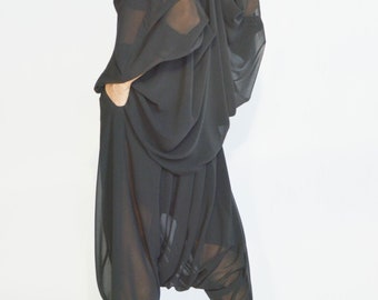 Loose   Black Chiffon  adjustable Shirt , Extravagant Black sheer tunic handmade  by AAKASHA A90588