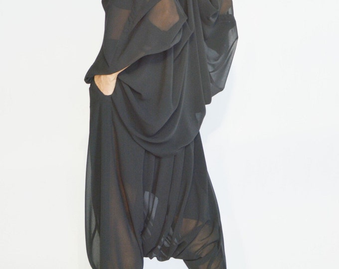 NEW  Loose   Black Chiffon  adjustable Shirt  / Extravagant Black sheer tunic handmade  by AAKASHA A90588