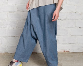 Deep Drop-Crotch Chambray Pants Side Pickets Relaxed fit