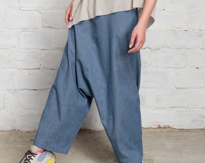 Deep Drop-Crotch Chambray Pants A92165