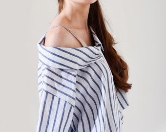 Plus Size Linen Off Shoulder  Shirt , Asymmetric Linen Stripes Shirt