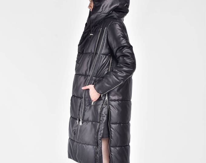 NEW Winter Coat Asymmetric Black Quilted Hooded Coat by Aakasha  A20629