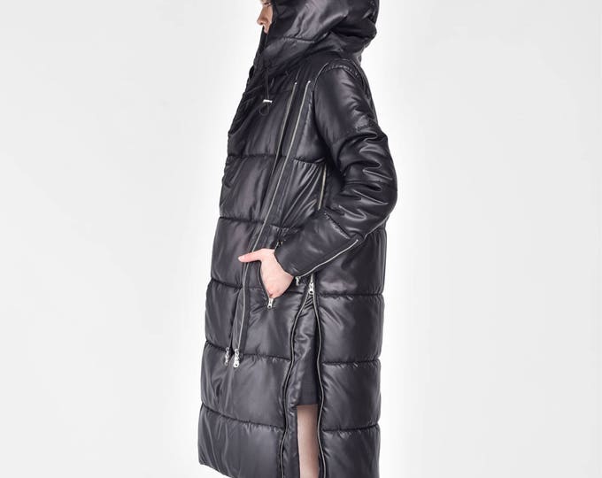 Winter Coat Asymmetric Black Quilted Hooded Coat by Aakasha  A20629