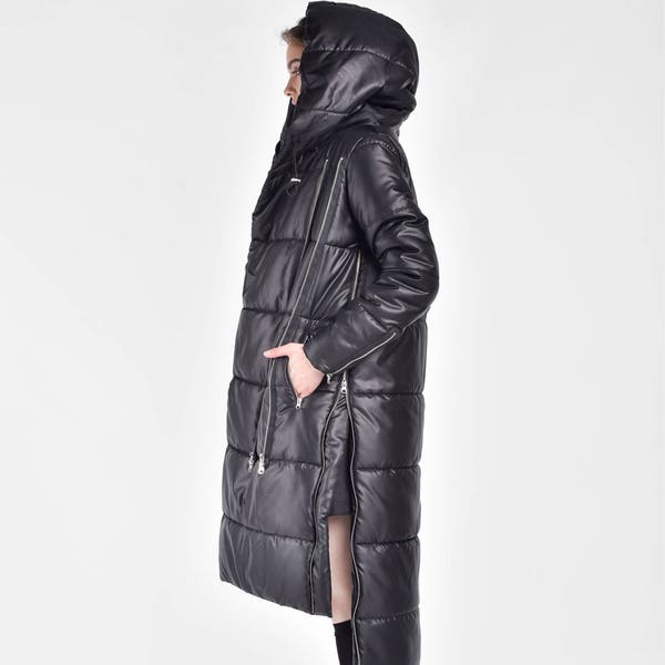 NEW Winter Coat Asymmetric Black Quilted Hooded Coat by Aakasha  A20629