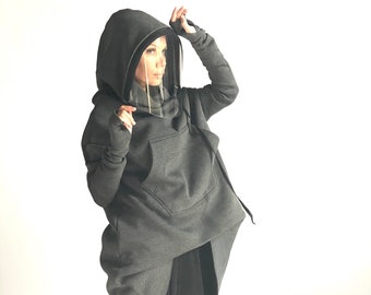 Shield Hooded Extravarant Maxi Asymmetric Hoodie / Fleece Cotton Warm  full face covering Top / zip or unzip it / handmade by Aakasha