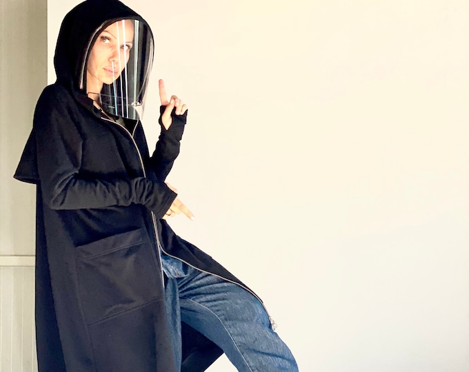Shielded Maxi Asymmetric Hoodie / Terry  Cotton Zipper full face covering Top / zip or unzip it with 2 extra shileds included  by Aaksha