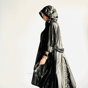 Black Waterproof  Zipper Hooded Raincoat with zipper ShIeld / Extravagant Trench with Eco Leather Belt / Maxi Coat  by Aakasha