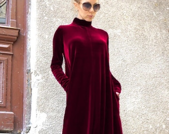 New Maxi Velvet Deep Burgundy Dress / Kaftan Dress / Side Pockets Dress / Extravagant Long Party Dress /Turtle Neck Kaftan by AAKASHA A03498