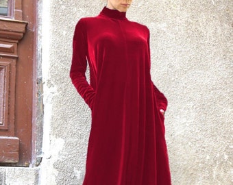 New Maxi Velvet Red Dress / Kaftan Dress / Side Pockets Dress / Extravagant Long Party Dress /Turtle Neck Kaftan by AAKASHA A03498