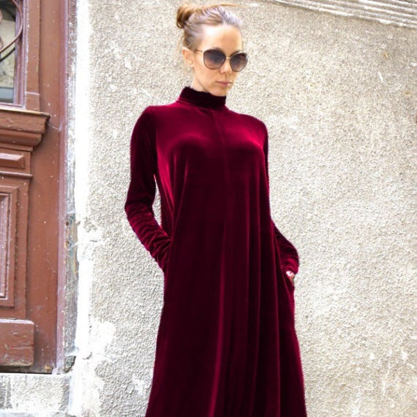 New Maxi Velvet Deep Burgundy Dress / Kaftan Dress / Side Pockets Dress / Extravagant Long Party Dress /Turtle Neck Kaftan by AAKASHA A03498