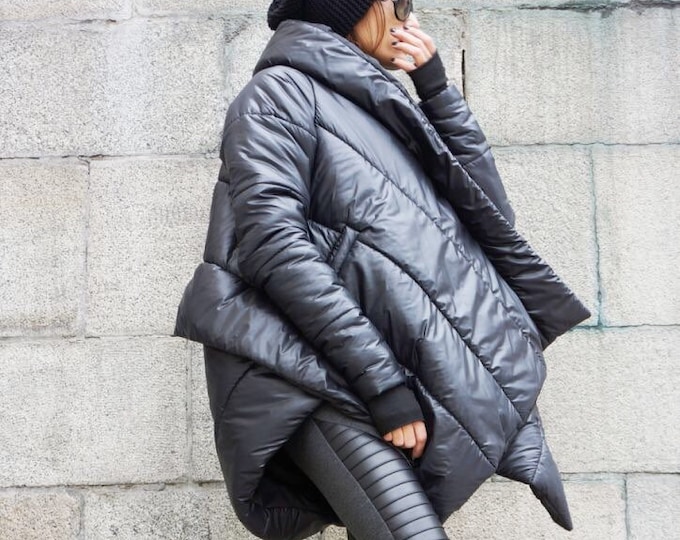 Winter Extra Warm Asymmetric Extravagant Black Hooded Coat / Waterproof Windproof Quilted with Side Pockets   by Aakasha A07550