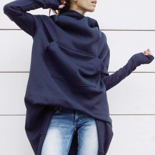 Navy Extravarant Maxi Asymmetric Hoodie / Fleece Cotton Warm  Top A08023