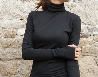 Black Turtleneck Top, Extra Long Sleeves with Thumb Holes