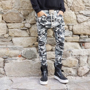 NEW Fall Loose Casual Drop Crotch Harem Pants / Extravagant Grey Camo Pants/ Side zipper pockets Camouflage pants by AAKASHA A05313