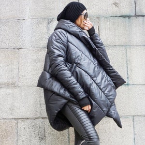 NEW Winter Extra Warm Asymmetric Extravagant Black Hooded Coat / Waterproof Windproof Quilted with Side Pockets   by Aakasha A07550
