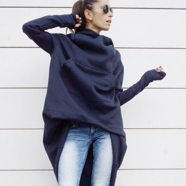 Winter Hooded Maxi Dress Navy Extravarant Maxi Asymmetric Hoodie / Fleece Cotton Warm  Top A08023