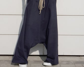 Cotton Navy Harem Pants Extravagant Drop Crotch Pants Wide Leg Loose Joggera Side Pockets Trousers French Terry  by AAKASHA A05527