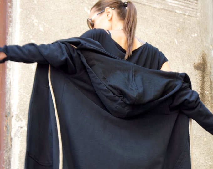 NEW Black Extravagant Maxi Hooded Cotton Top /Extra Long YKK Zipper / Thumb holes  warm Hoodie /Front Pockets  by AAKASHA A08336