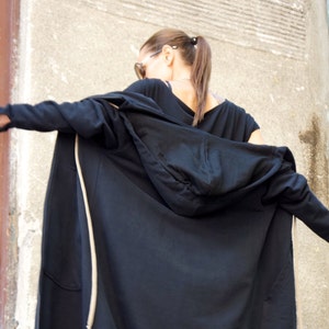 NEW Black Extravagant Maxi Hooded Cotton Top /Extra Long YKK Zipper / Thumb holes  warm Hoodie /Front Pockets  by AAKASHA A08336