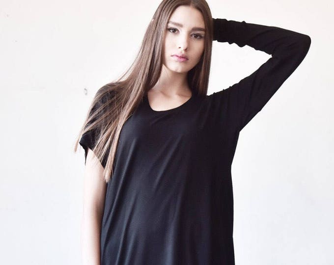 Sexy Casual Top / Black Soft Tencel Top/ Loose Tunic Top / One short One long sleeve with thumb hole  /Handmade by Aakasha A90166