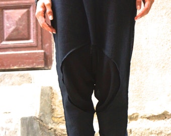 Loose Black Linen Harem Pants - Drop Crotch Knit Bottom