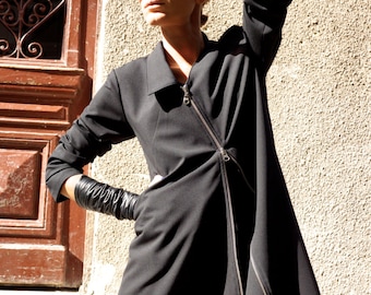 Black Trench Coat / Elegant Zipper  Blazer  / Extravagant Asymmetrical  Jacket by AAKASHA A07260