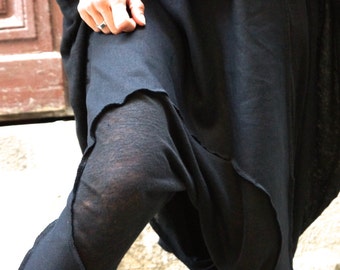 NEW  Loose Casual  Black Drop Crotch Linen Knit Harem Pants / Extravagant Black Pants by AAKASHA A05167