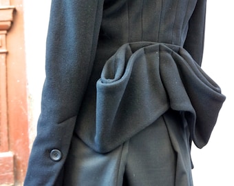 Asymmetric Black  Wool Coat, Elegant Designer Jacket with shorter draped back  front pockets