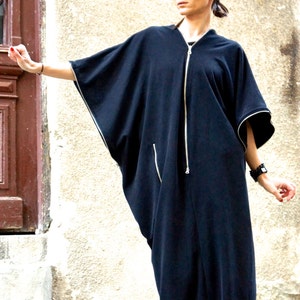 NEW SPRING Collection  Black  Kaftan / Maxi Black French Terry  Cotton Dress / Asymmetrical Zipper Caftan Dress by AAKASHA A03163